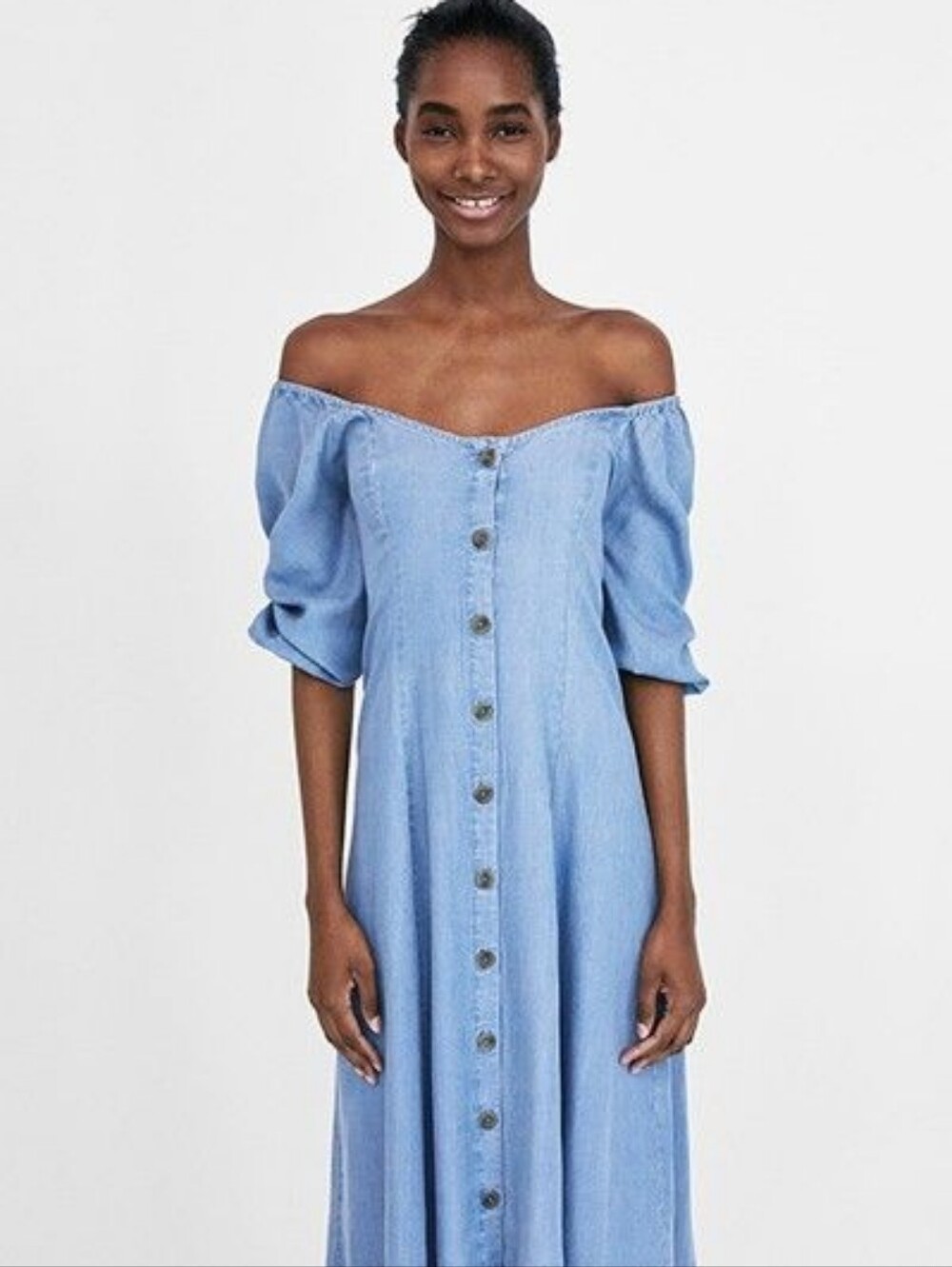 Zara Light Blue Button-Down Midi Dress with Puff Sleeves